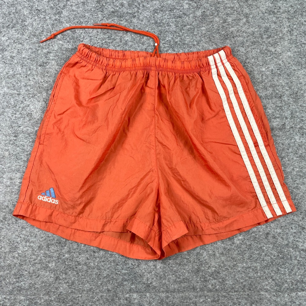 Vintage Adidas Running Shorts Womens S Orange 3-Stripe Elastic Waist Pockets 90s